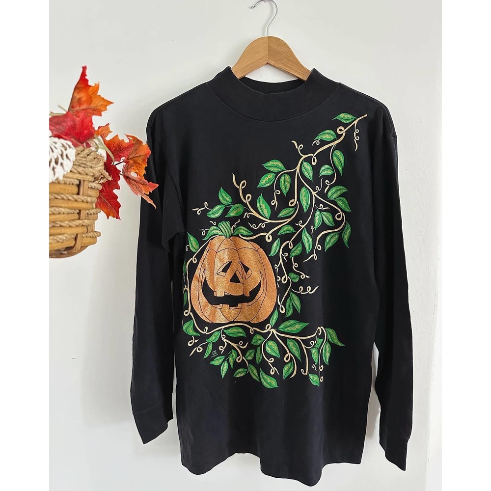 Vintage hand-painted, black long-sleeved pumpkin shirt